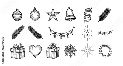 Hand drawn christmas icons with pine branches, ornaments, and festive decorations