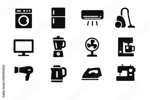 Collection of household appliance icons in black silhouette design