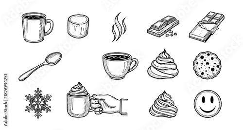 Cozy hand drawn coffee and chocolate collection with warm drink essentials
