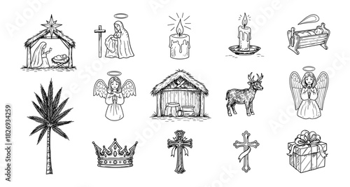 Christmas and religious symbols in black and white line art