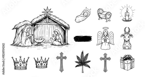 Hand-drawn nativity scene with manger and christmas elements in black and white