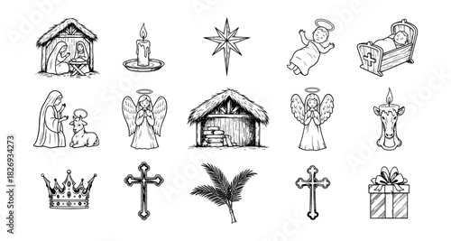 Nativity scene elements in hand drawn line art style with religious icons