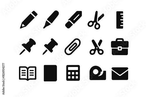 Collection of black office and stationery icons on white background