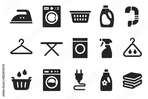 Laundry icons set: washing machine, detergent, iron, dryer, hanger, basket, plug