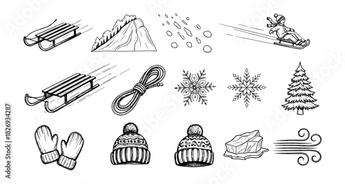 Winter activities and holiday elements in hand drawn style