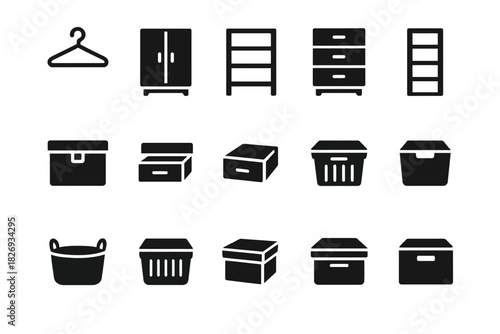 Silhouette icons of storage solutions: hangers, wardrobes, shelves, boxes, and baskets