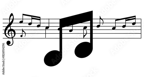 Musical notes on staff with treble clef in black and white