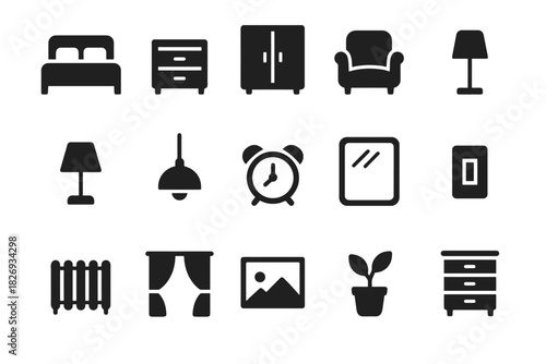 Home furniture icons: lamp, armchair, wardrobe, bed, plant, art, curtain, alarm clock