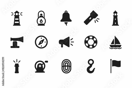 Maritime icon set: lighthouse, lantern, compass, sailboat, speaker, flag