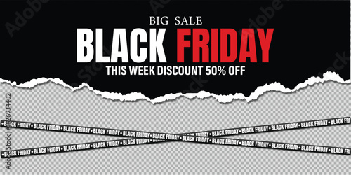 Black Friday ribbons. Crossed black ribbons and tapes with text on a transparent background. Black Friday big sale banner with text. Vector
