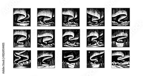 Vintage night sky with aurora borealis and mountains in monochrome design