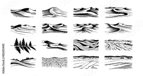 Hand drawn mountainous landscapes with trees and hills in monochrome style