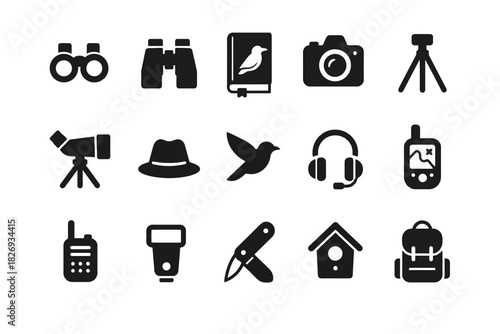 Birdwatching equipment icons: binoculars, camera, tripod, hat, birdhouse, backpack
