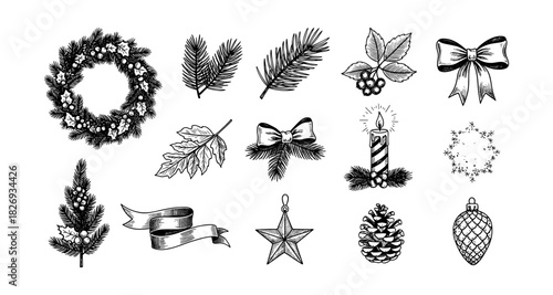 Festive hand-drawn christmas elements with pine wreaths, ribbons, and candle