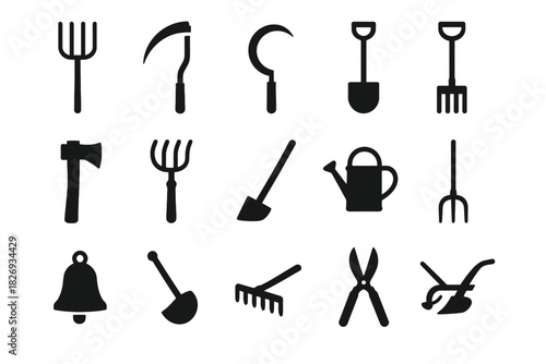 Silhouette collection of gardening tools and equipment icons