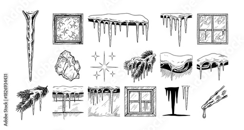 Hand drawn winter elements: icicles, snowy windows, and frosty details