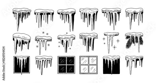 Hand drawn winter elements: snow caps and icicles with frosted windows