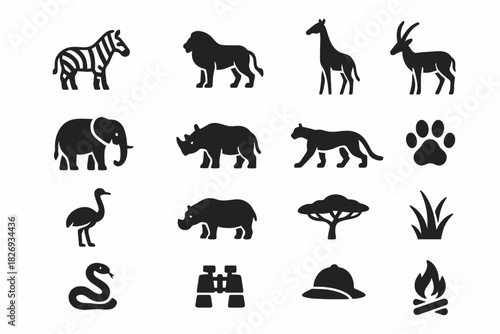 Silhouettes of african safari animals and symbols