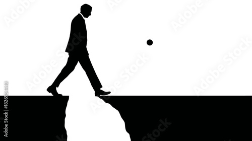 Abstract silhouette of a businessman walking towards a cliff edge, symbolizing risk, challenge, uncertainty, and dangerous decisions.
