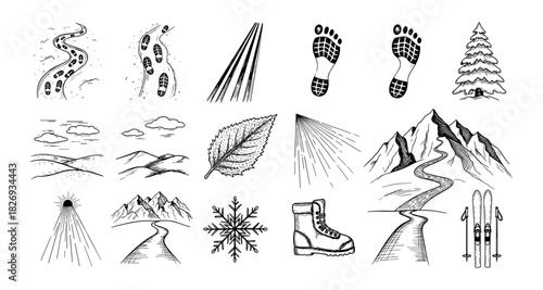 Hand-drawn winter travel elements: ski, snow, and mountain adventure icons