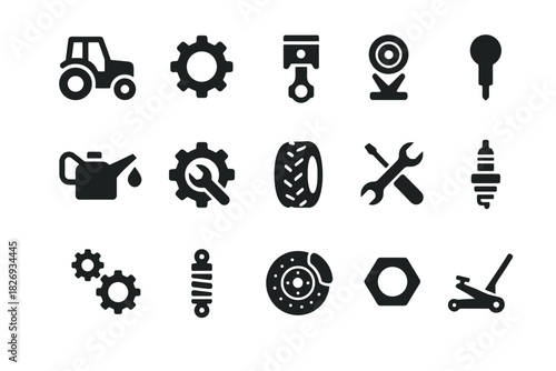 Automotive tools and machinery icons set featuring various parts and equipment