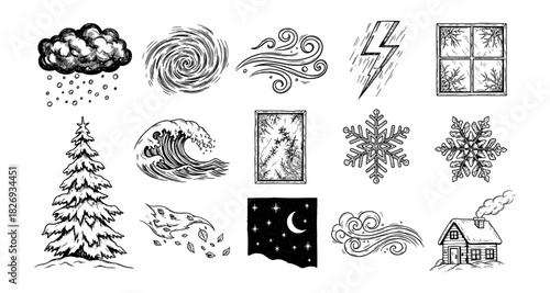 Hand-drawn weather icons with nature elements for seasonal designs