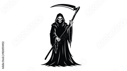 Grim reaper with a skull face holding a scythe in a black robe, symbol of death, halloween concept, spooky character, dark fantasy art, vector illustration, isolated on white background