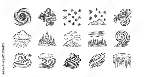 Hand-drawn weather icons featuring wind, rain, snowflakes, and mountains