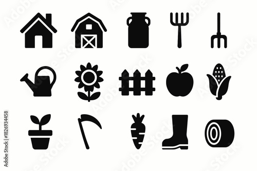 Set of 16 black agricultural icons including barn, watering can, sunflower, tools, and produce