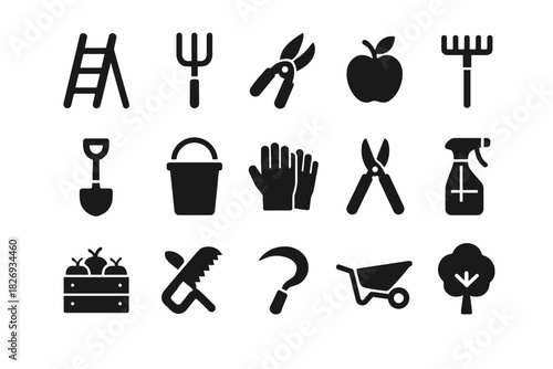 Gardening tools icons set: pruning shears, rake, ladder, gloves, shovel, sprayer, wheelbarrow