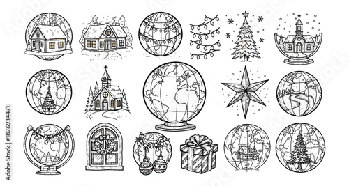 Hand drawn winter holiday globes with festive houses and christmas trees
