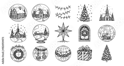Hand drawn christmas collection with snow globes, trees, and decor elements