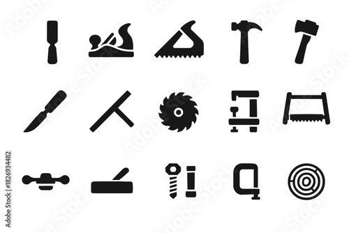 Silhouette icons of carpentry tools for woodworking projects