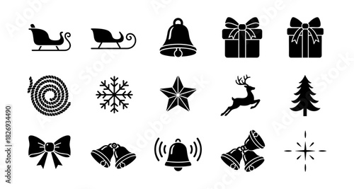 Silhouette christmas icons set with sleighs, bells, and gifts for festive designs