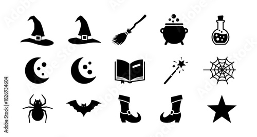 Halloween silhouette icons: witch hats, potions, and magical symbols