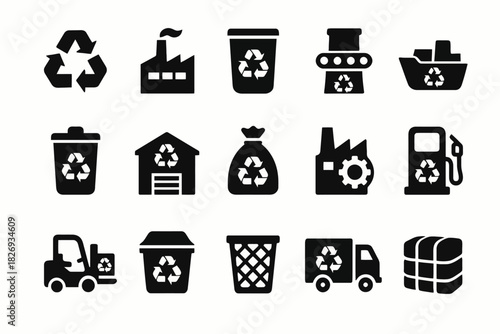 Recycling and waste management icons set: factory, truck, bin, conveyor, fuel