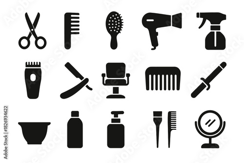 Black silhouette icons of hairdressing tools and salon equipment on white background