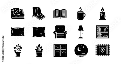 Cozy living: monochrome home icon set featuring books, plants, and comfortable furniture