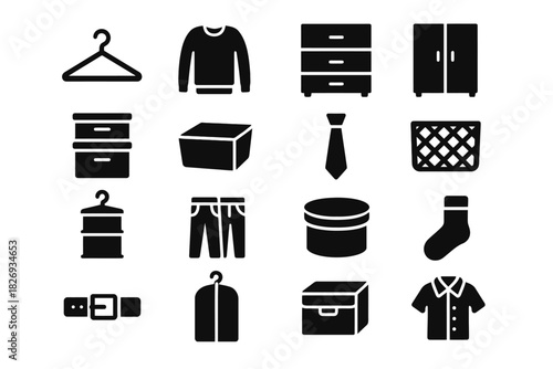 Icon set of closet essentials: hangers, drawers, clothes, tie, and shoes