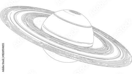 Outline drawing of a gas giant with prominent rings, conceptual space illustration, astronomy science education line art