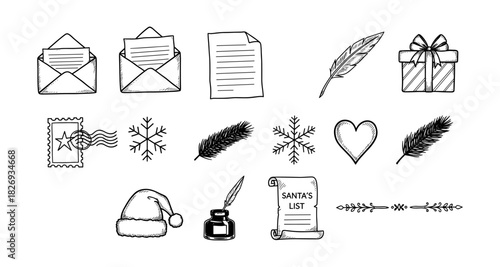 Hand drawn christmas icons: envelopes, santa hat, gifts, and snowflakes