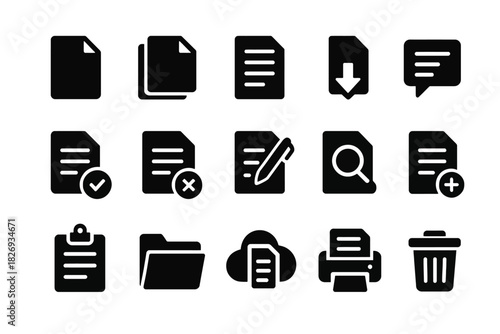 Document and file management icons: file, folder, download, search, trash