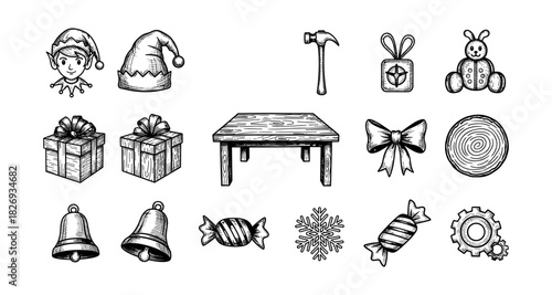 Hand drawn christmas icons: gifts, decorations, and toys in sketch style