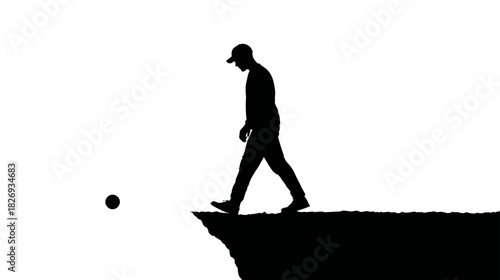 Silhouette of a man in a cap walking to the edge of a precipice, with a sphere falling off, symbolizing risk and uncertainty.