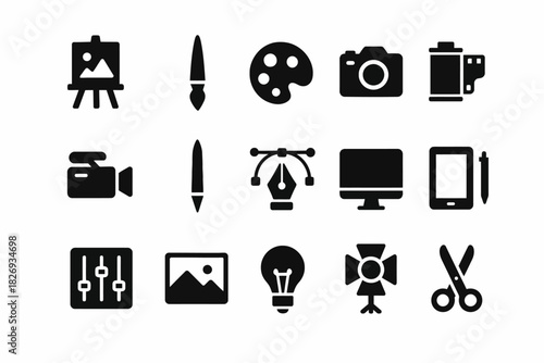 Art and photography icon set featuring tools and devices for creative design