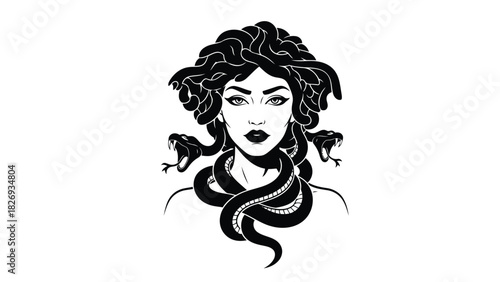 Gorgon Medusa Head with Snake Hair Black and White Stylized Portrait