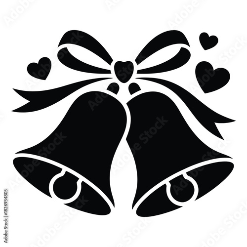 Black silhouette of two wedding bells tied with a bow and surrounded by small hearts, isolated on white background
