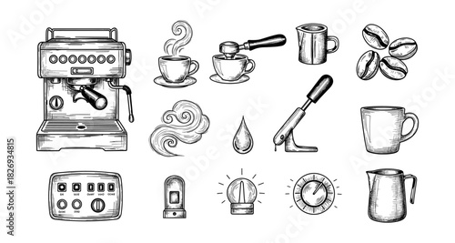 Vintage coffee maker and accessories in hand drawn style