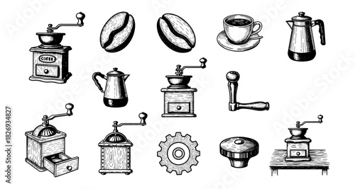 Vintage coffee collection: classic grinder, beans, and brewing accessories in hand-drawn style