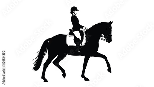 Elegant dressage rider in black jacket and helmet atop a black horse performing advanced movements, showcasing skill and precision in equestrian sport, flat vector art, isolated on white background